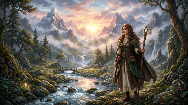Fantasy ranger holding a staff beside a mountain stream at sunset