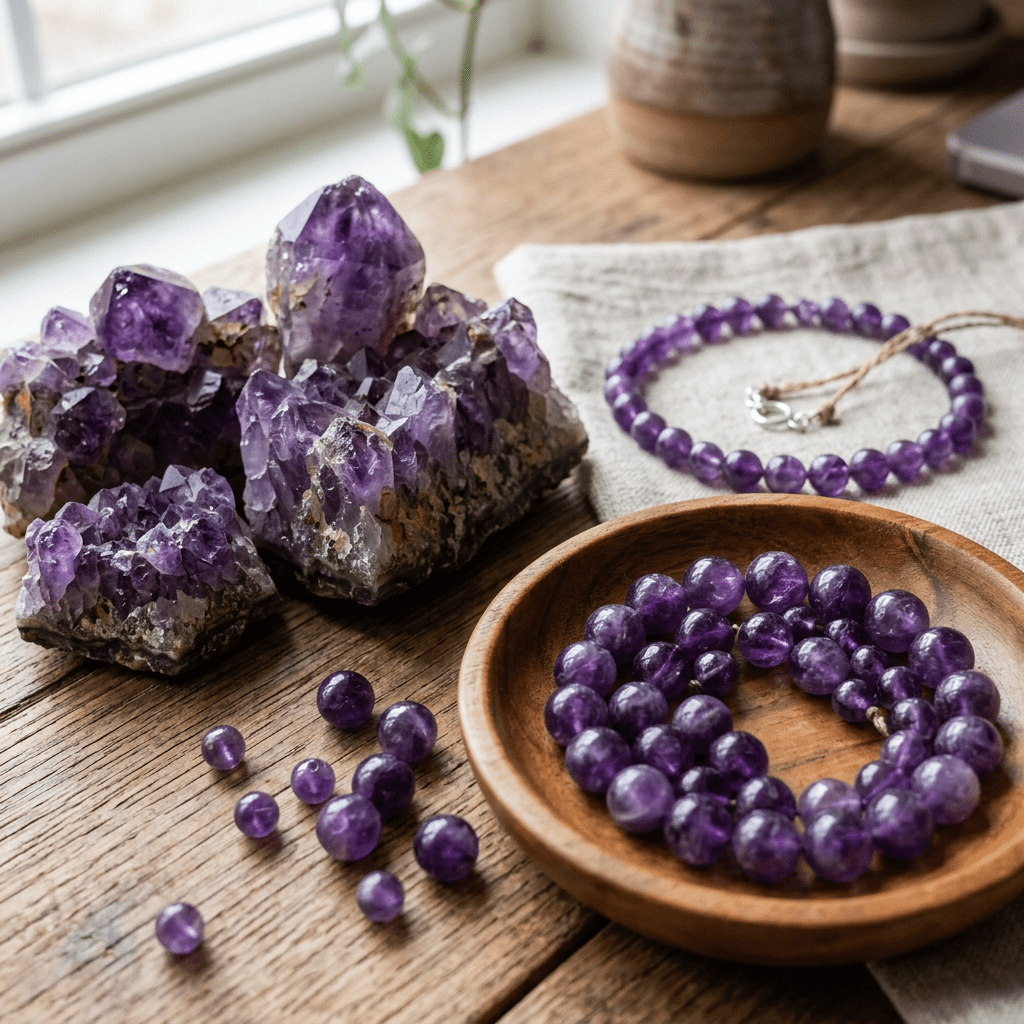 Amethyst crystal clusters and purple bead jewelry on a wooden table