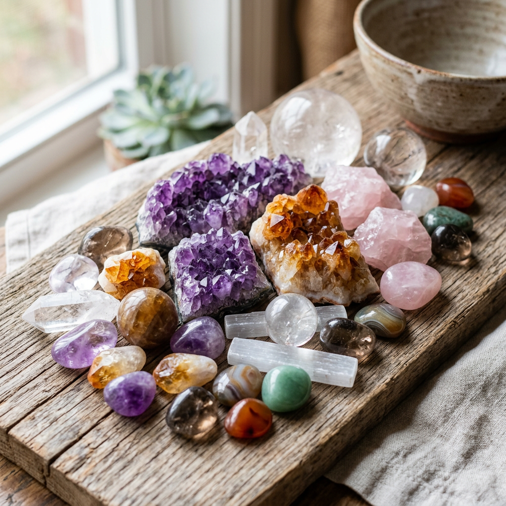 Assorted colorful crystals and polished stones on a wooden board