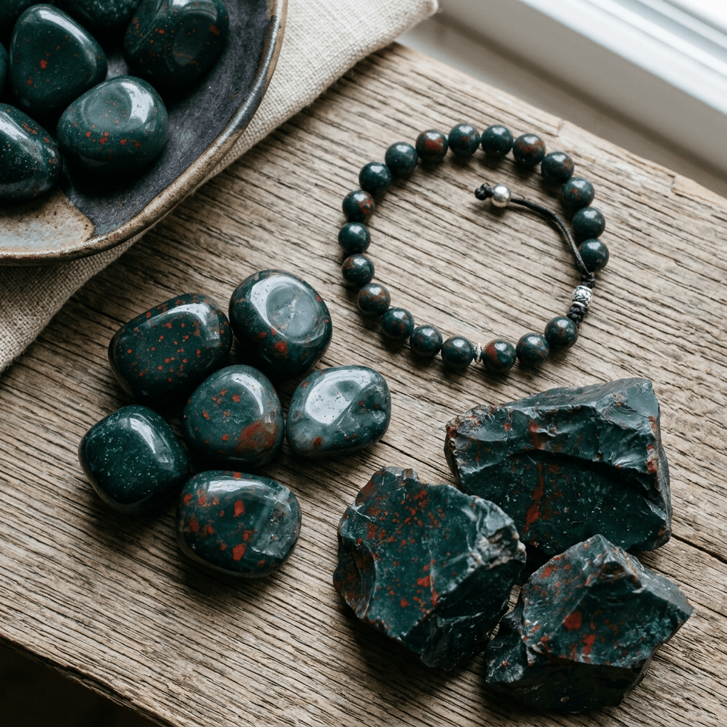 Bloodstone crystals raw polished and beaded