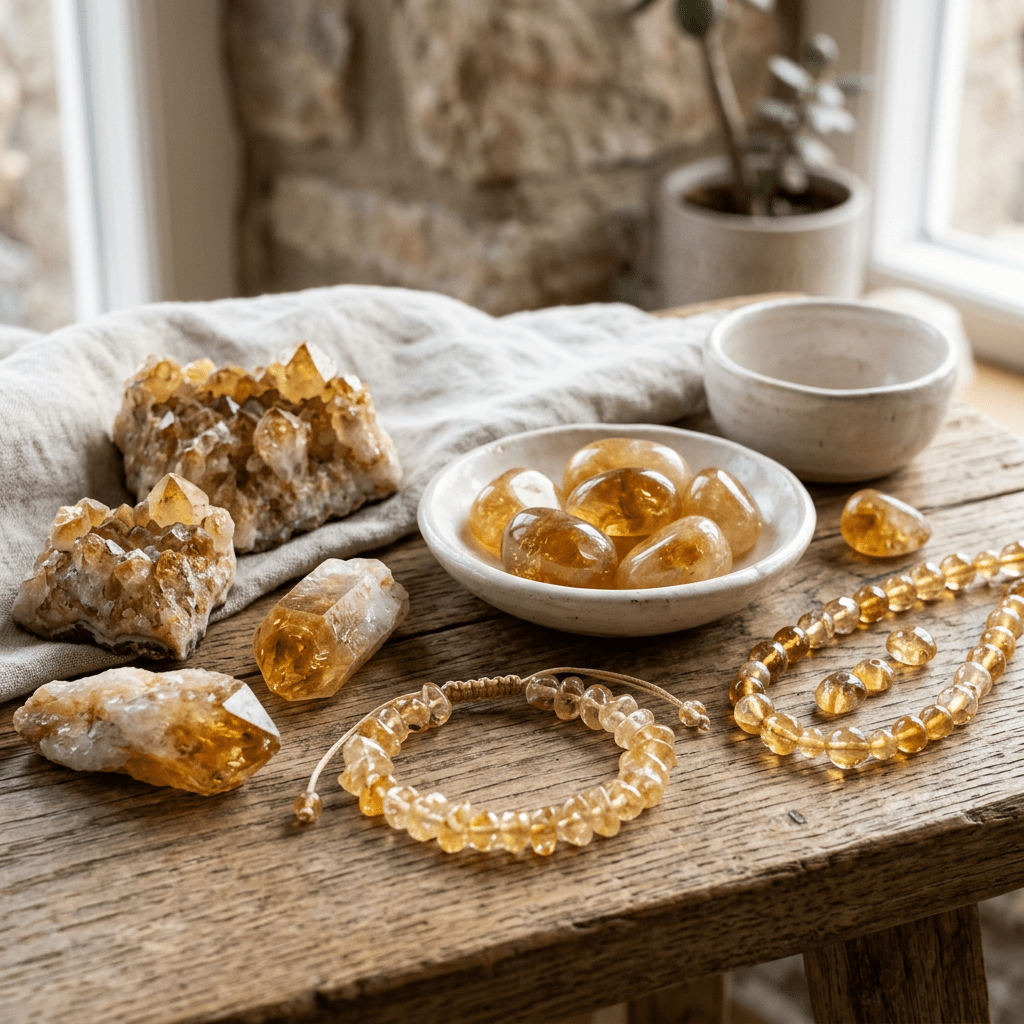 Golden crystals and beaded jewelry arranged on a rustic wooden table