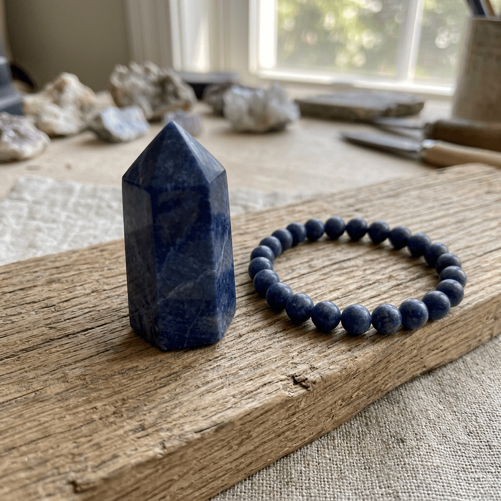 Blue mineral specimen, polished stone, and beaded bracelet on wooden board