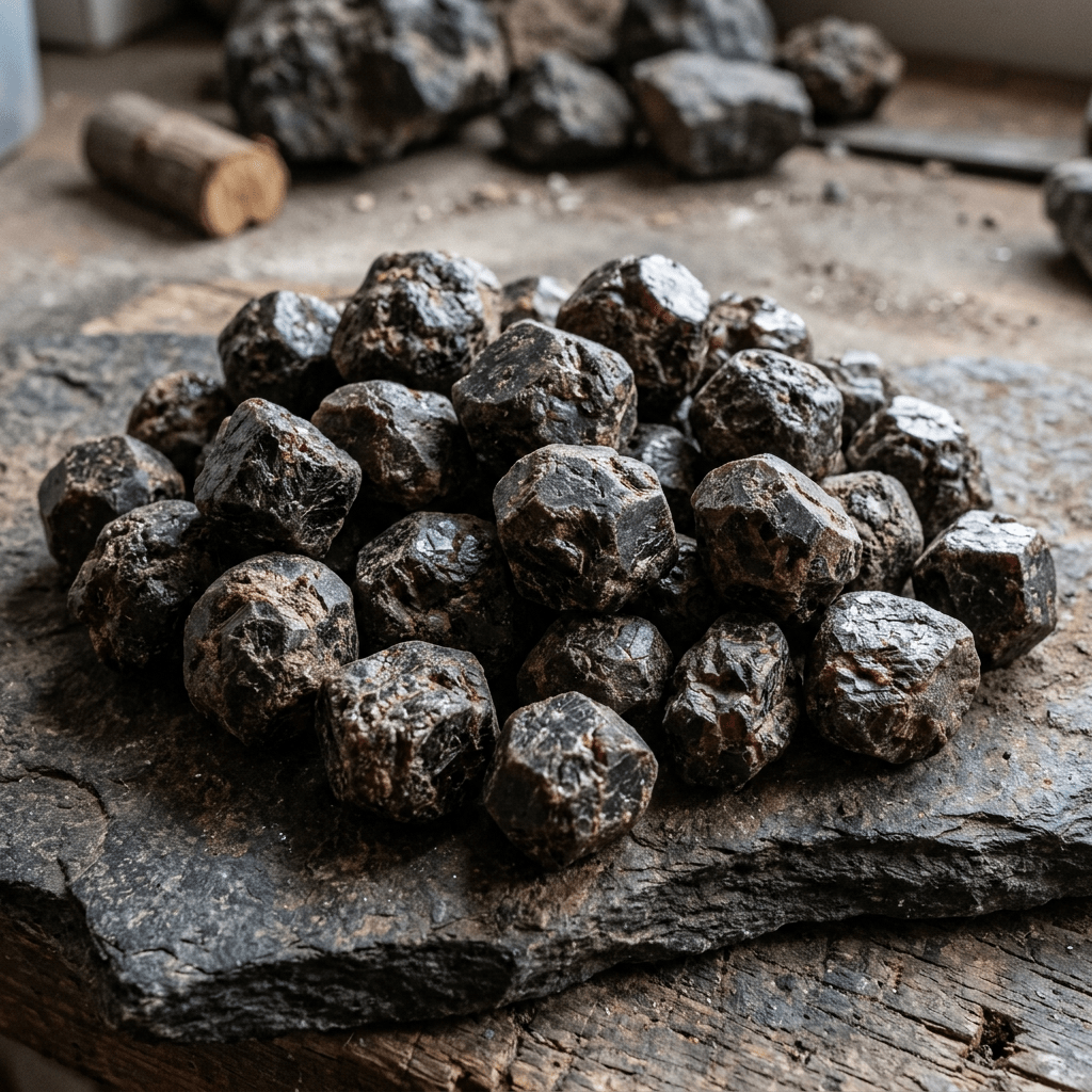 Pile of rough dark mineral specimens on a slate slab