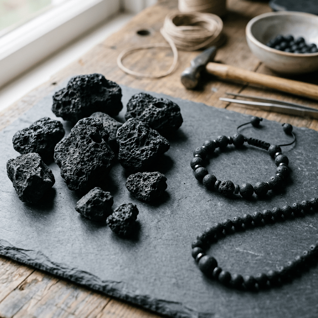 Black lava stone, raw and beaded forms