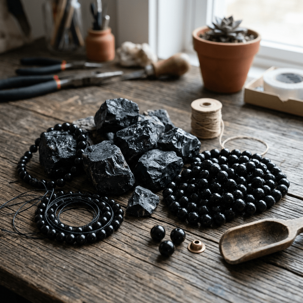 Black stones and beads arranged with jewelry-making tools on wooden table