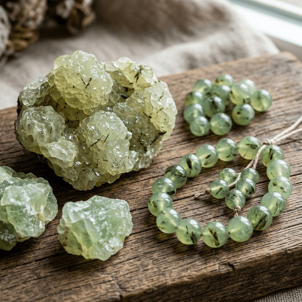 Pale green crystals beside a strand of green mineral beads on wood