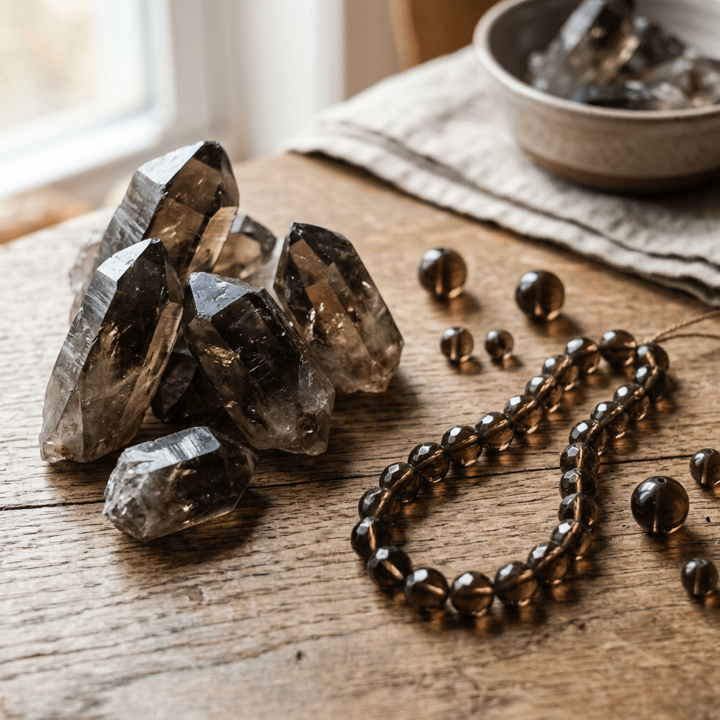 Smoky quartz crystals and beaded bracelet on a wooden table