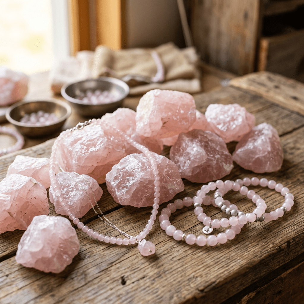 Rose quartz crystals, necklaces, and bracelets arranged on a wooden table