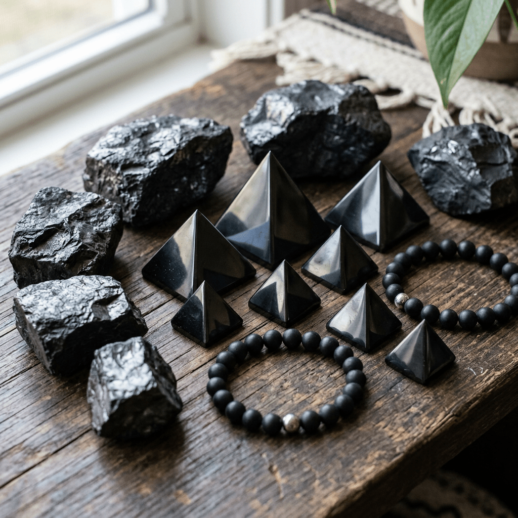Black stones, pyramid ornaments, and beaded bracelets on a wooden table