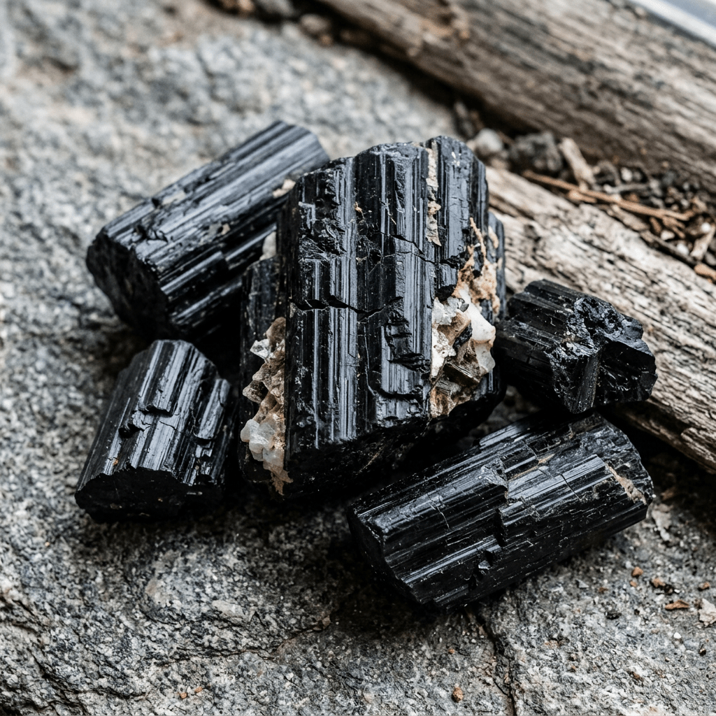 Cluster of black tourmaline crystals with pale mineral inclusions on stone