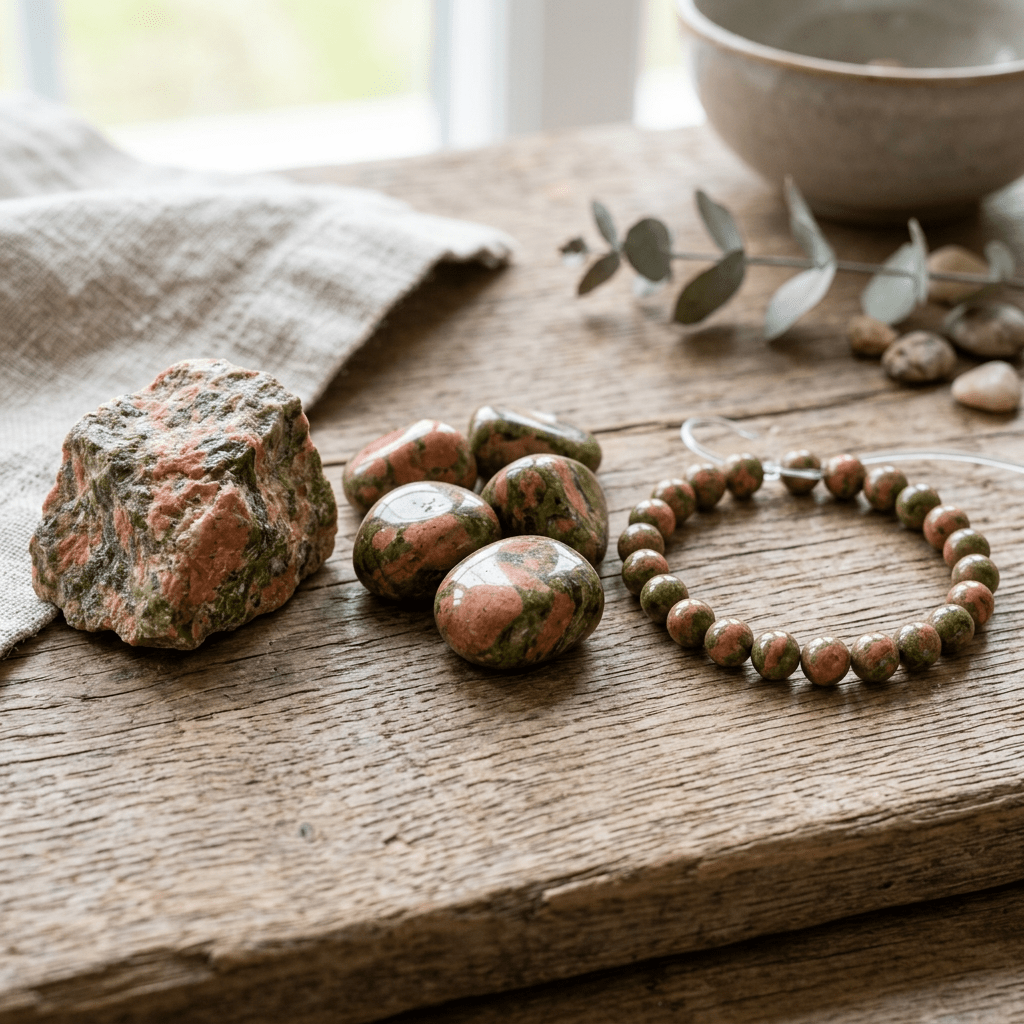 Unakite stones and beaded bracelet on a rustic wooden table