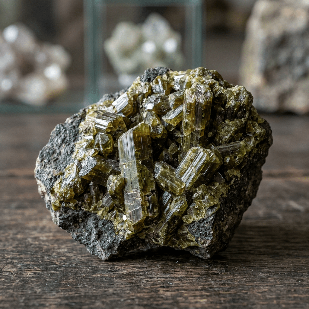 Cluster of olive-green tourmaline crystals embedded in dark host rock