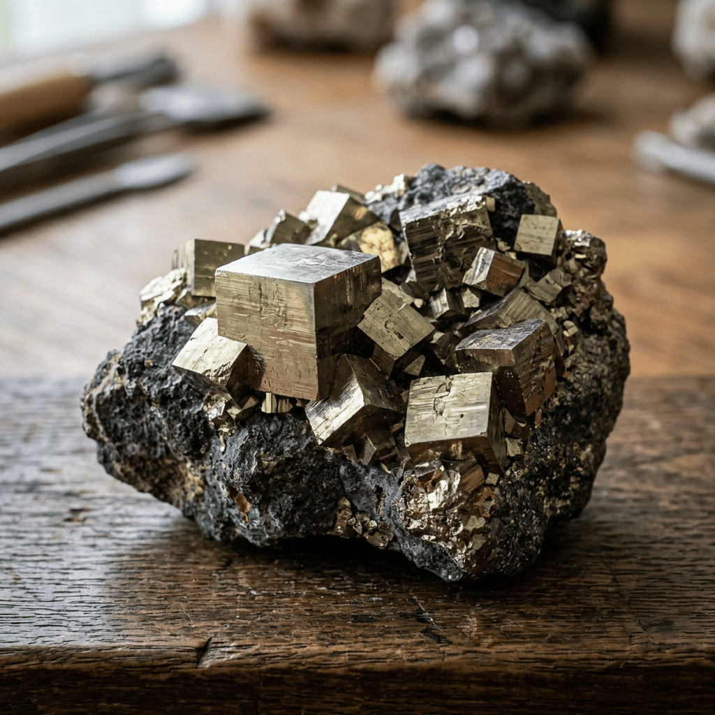 Cluster of metallic cubic pyrite crystals on dark rock