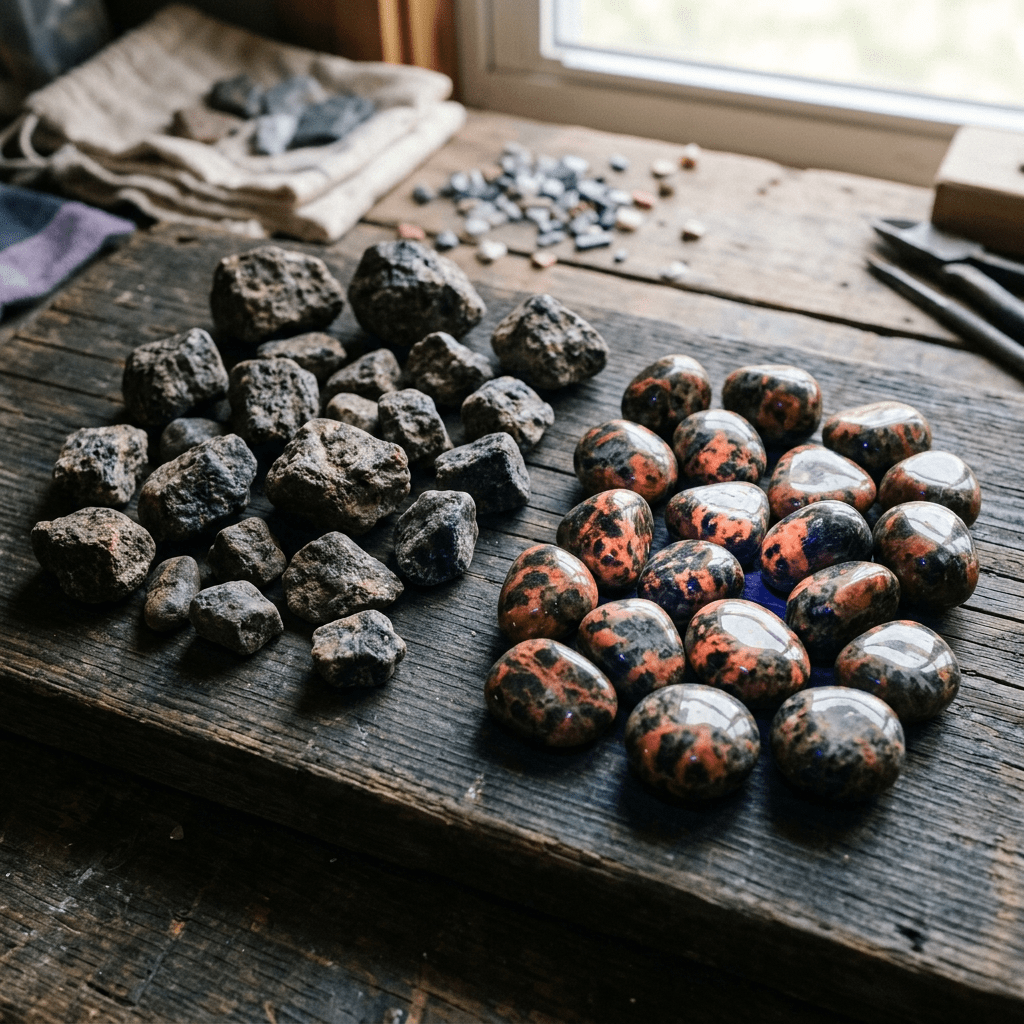 Rough and polished stones (polished showing the orange glow spots under a UV reacting light)