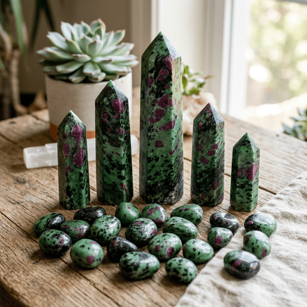 Ruby zoisite crystal towers and polished stones arranged on a wooden table